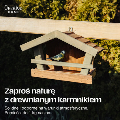 Medinė sodo lesyklėlė paukščiams pakabinama balkonui ruda-žalia