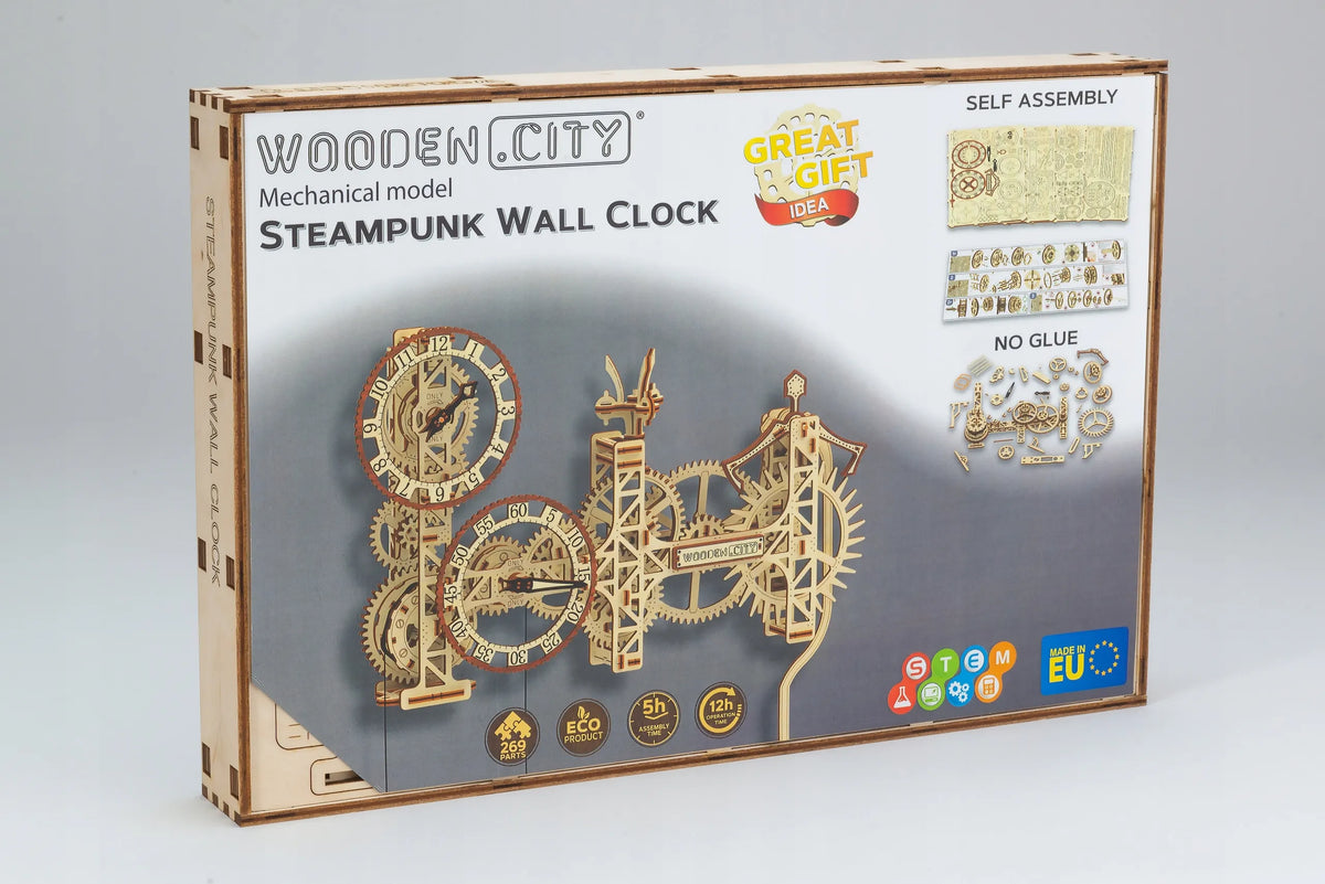 Medinis steampunk stiliaus sieninis laikrodis Wooden.City, 3D dėlionė