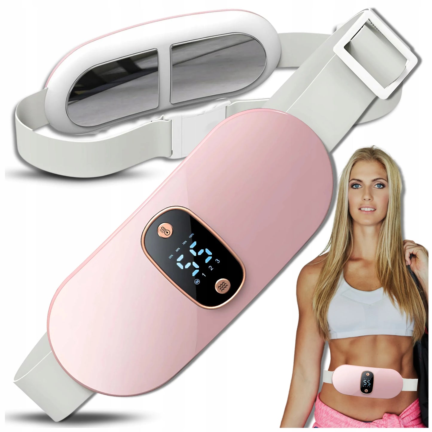Menstruacinis šildomasis diržas rožinis, palengvinantis pilvo skausmus, USB, vibracija, ciklo metu
