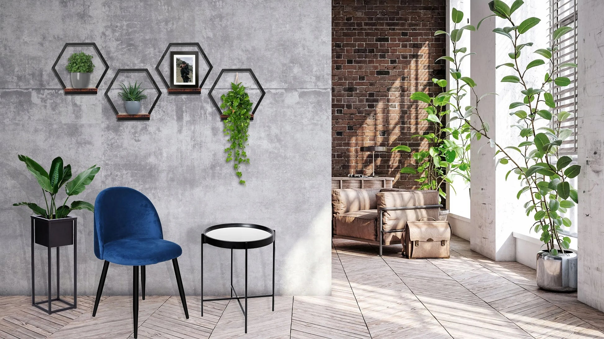 Metalinis gėlių stovas su juoda lentyna „Honung Rustic“ loft