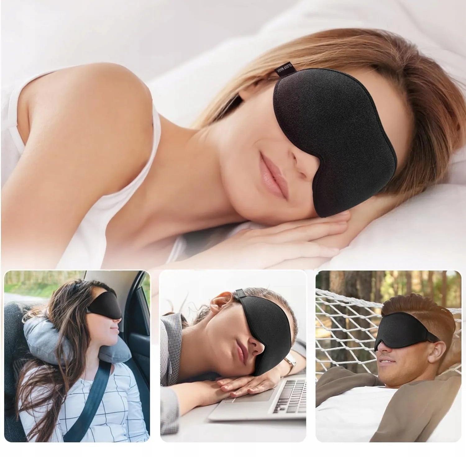 Miego kaukė 3D, 99% šviesos blokuojanti, reguliuojama
