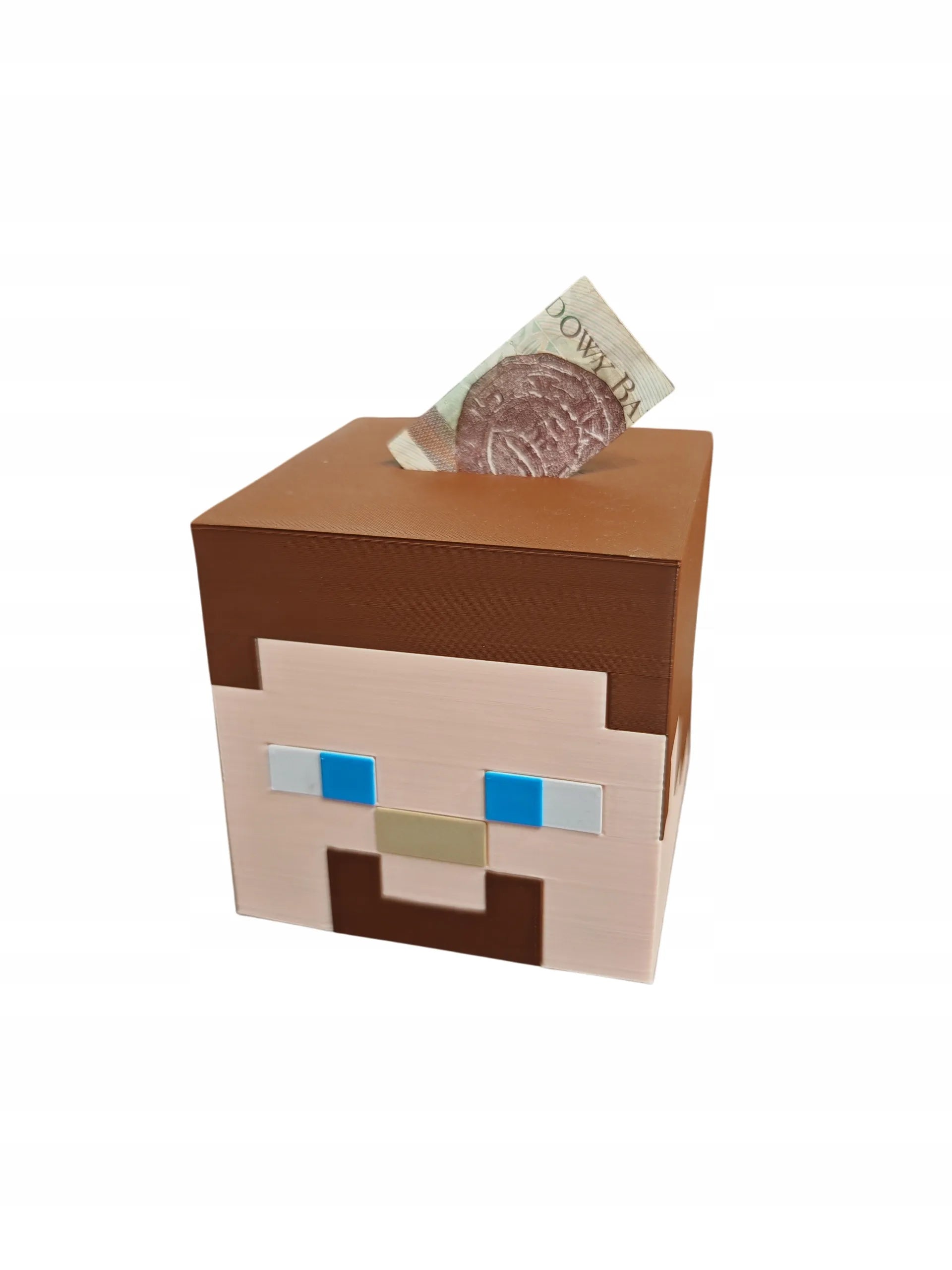„Minecraft“ Steve galvos formos atidaroma taupyklė – puiki dovana vaikui ir stilingas žaidimų kambario aksesuaras