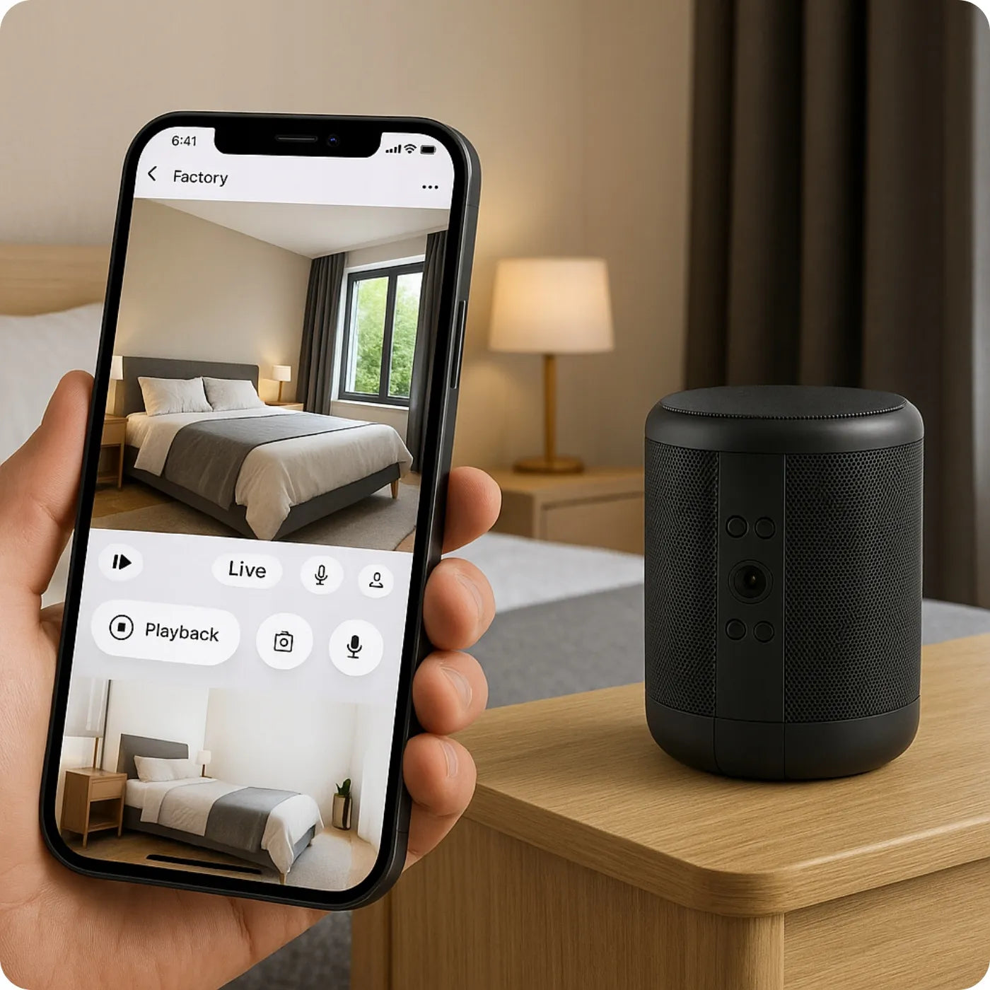 MINI WI-FI ŠPIUNINĖ KAMERA GARSIAKALBYJE SU JUDESIO JUTIKLIU IR VAIZDO PERŽIŪRA TELEFONE