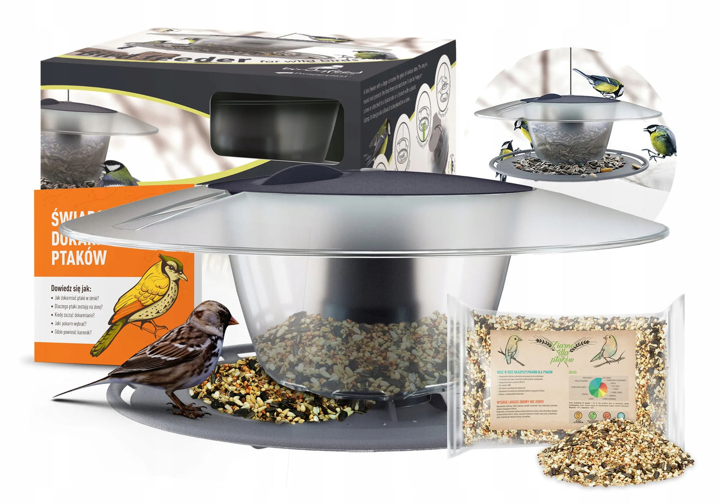 MODERNI LESYKLA PAUKŠČIAMS SU 1 KG GRŪDŲ BIRDYFEED ROUND TVIRTA