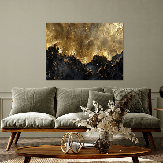 Modernus abstraktus aukso ir juodos spalvų paveikslas ant drobės su rėmu miegamajam, 100 × 70 cm
