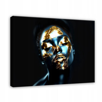 Modernus abstraktus moters veido paveikslas ant drobės, auksinis, su rudu mediniu rėmu, 100 × 70 cm