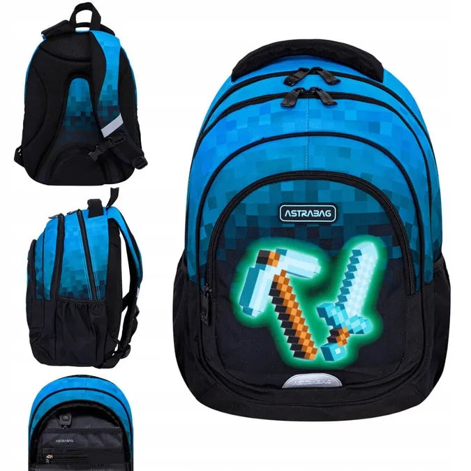 Mokyklinė kuprinė Minecraft Blue Pixel AB330 3 skyrių 20l ASTRABAG
