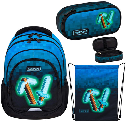 Mokyklinis rinkinys Astra Minecraft Blue Pixel – kuprinė, penalas ir maišelis