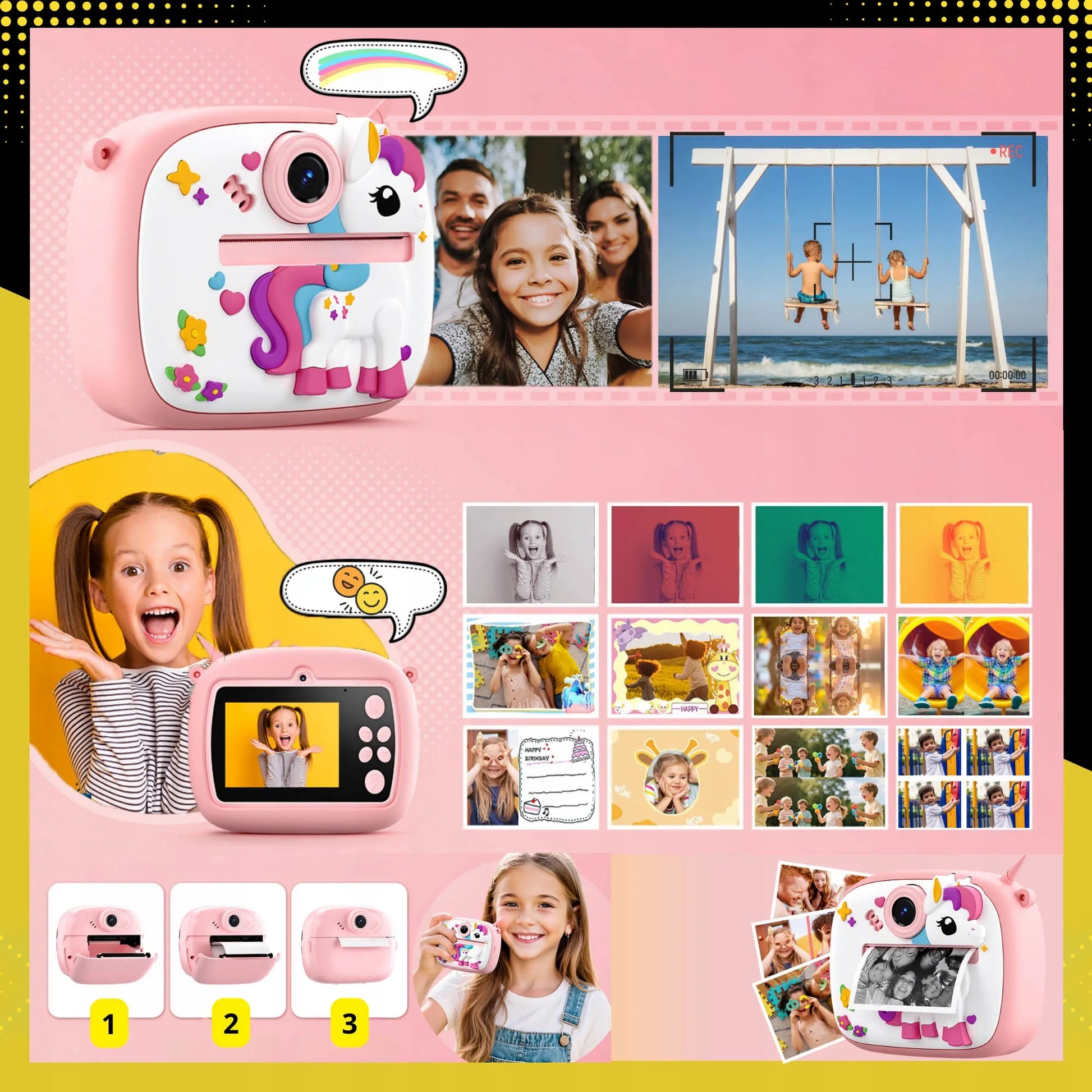 Momentalus fotoaparatas vaikams, mini terminis spausdintuvas ir 12 popieriaus ritinėlių