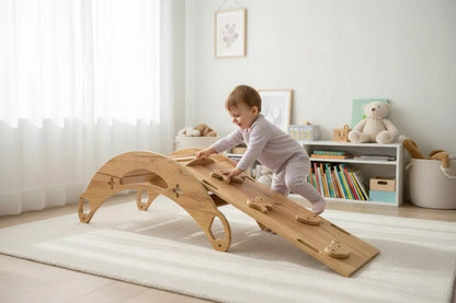„Montessori“ supamasis žaislas vaikams 3 viename su pagalvėle, čiuožykla ir laipiojimo sienele, Wood Style