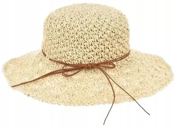 Moteriška šiaudinė bucket hat stiliaus kepurė, ažūrinė, vasarinė, paplūdimio, smėlio spalvos 2938
