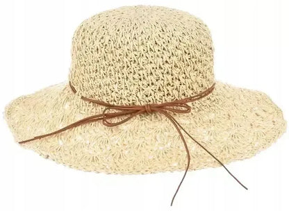 Moteriška šiaudinė bucket hat stiliaus kepurė, ažūrinė, vasarinė, paplūdimio, smėlio spalvos 2938