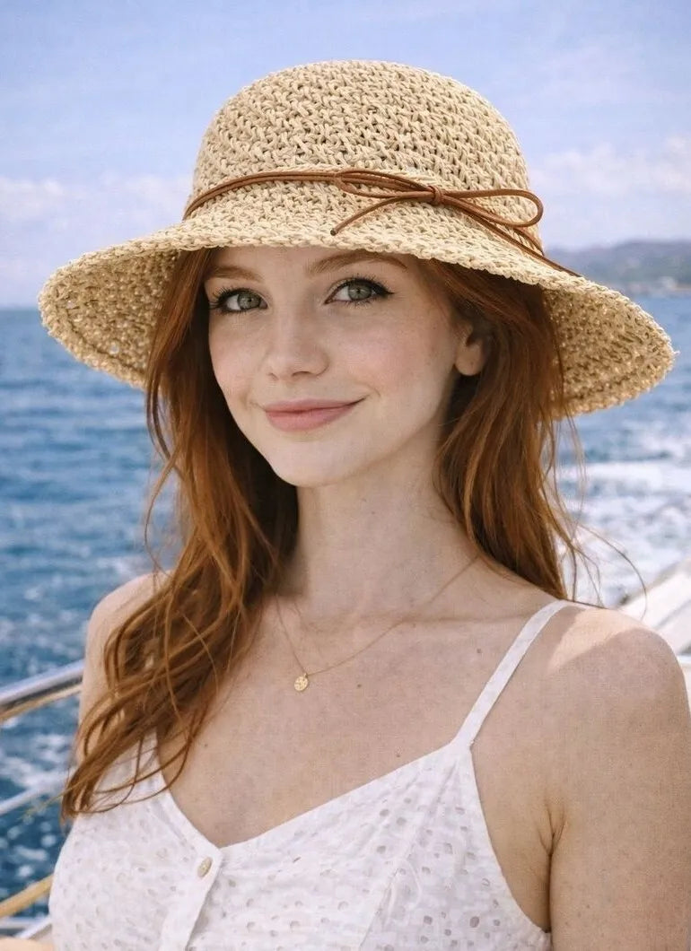 Moteriška šiaudinė bucket hat stiliaus kepurė, ažūrinė, vasarinė, paplūdimio, smėlio spalvos 2938