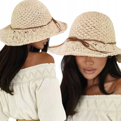 Moteriška šiaudinė bucket hat stiliaus kepurė, ažūrinė, vasarinė, paplūdimio, smėlio spalvos 2938