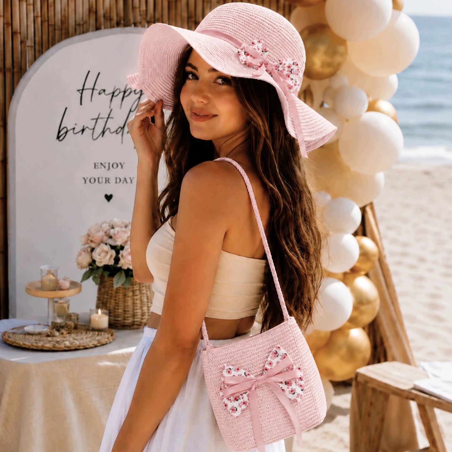 Moteriška šiaudinė kepurė nuo saulės vasarai paplūdimiui Boho + rankinė
