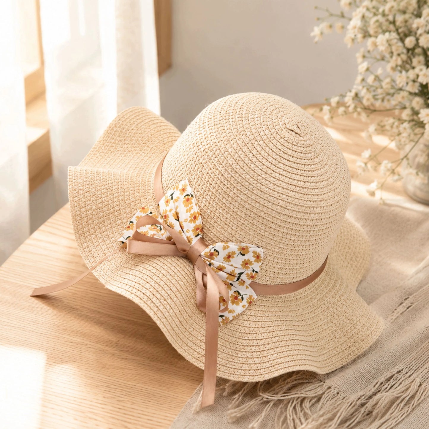 Moteriška šiaudinė kepurė nuo saulės vasarai paplūdimiui Boho stiliaus + rankinė
