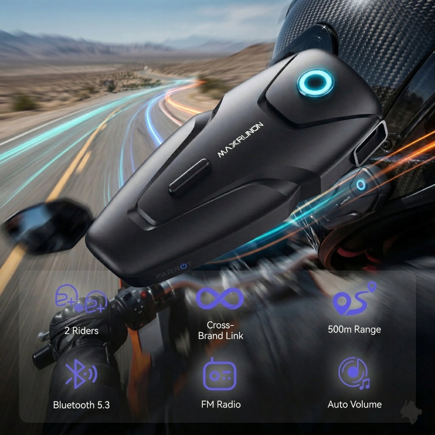 Motociklo domofonas 2 vnt. Bluetooth 5.3 ANC 100km/h FM 500m 2 asmenims