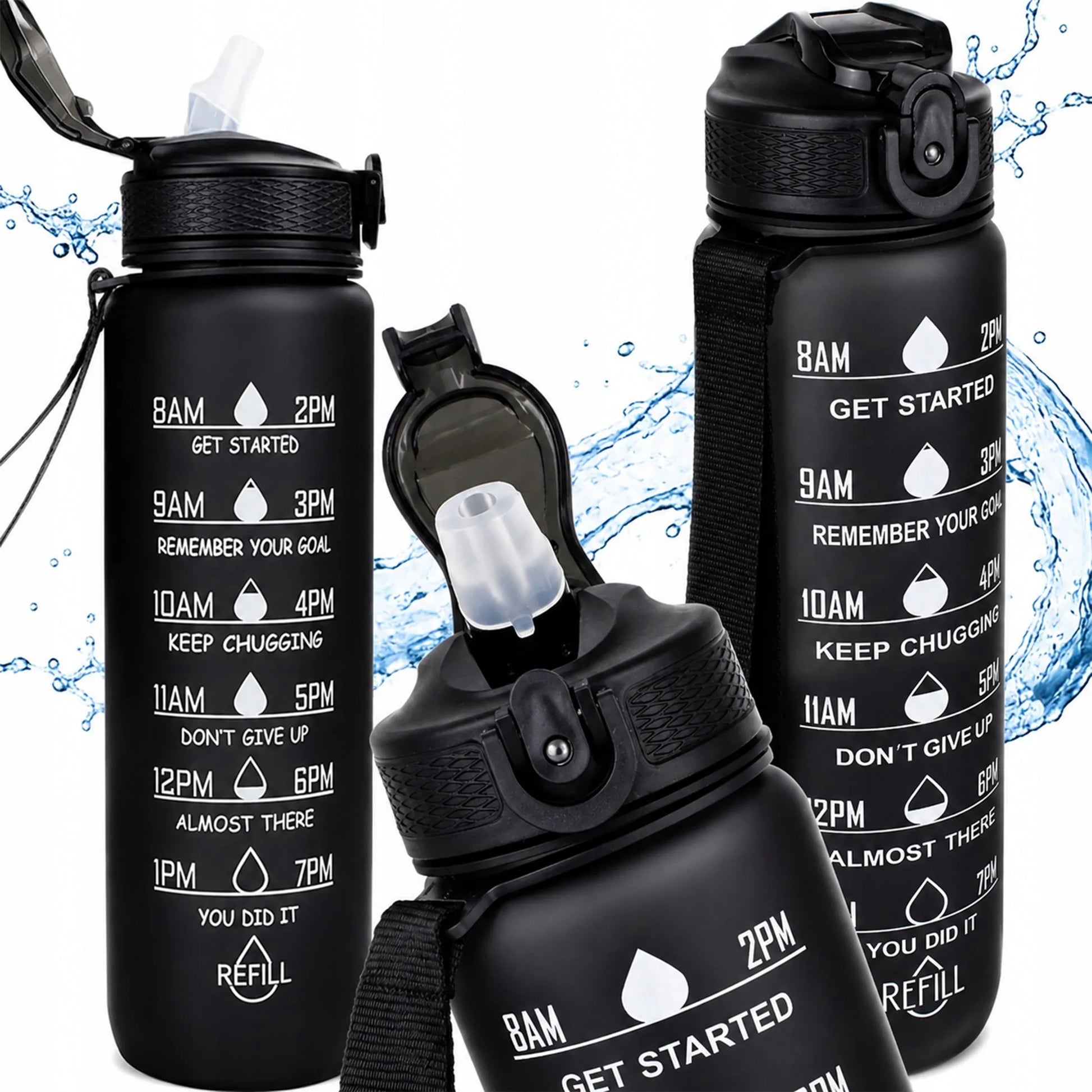 Motyvuojantis vandens butelis 1000 ml, gertuvė su matavimo skale sporto salei, fitnesui, 1 l