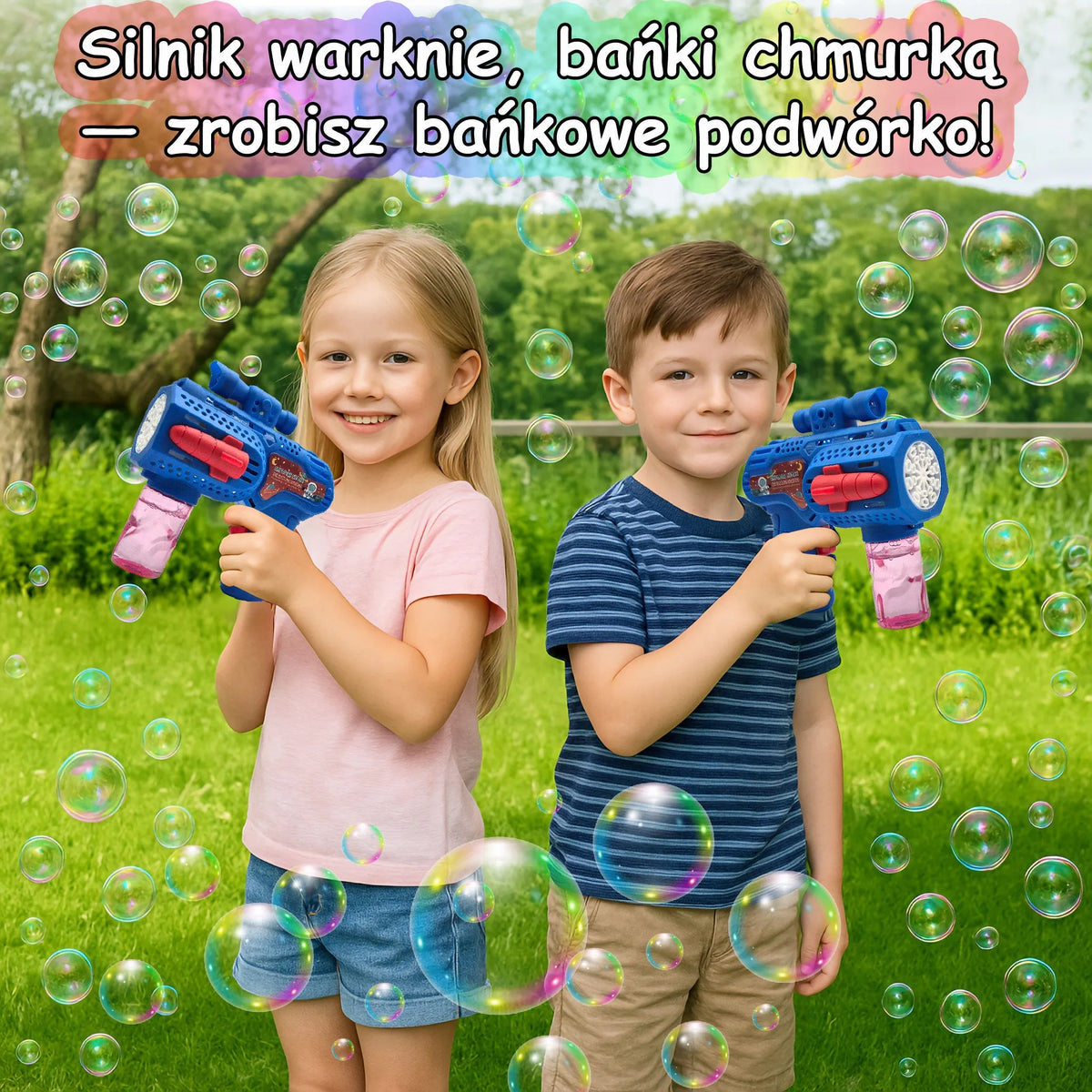 Muilo burbulų šautuvas „Bazooka“ su taikikliu, skysčiu ir burbulų generatoriumi
