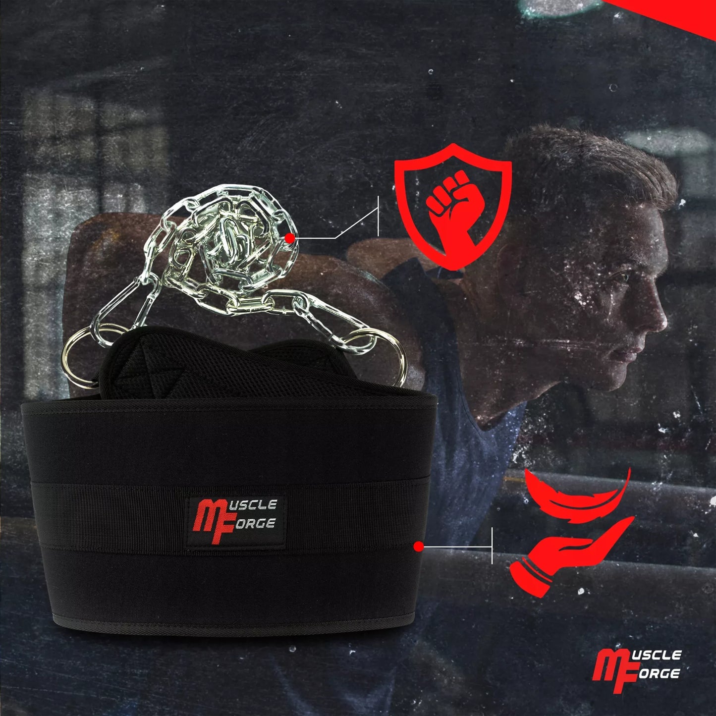 MuscleForge DIP BELT patvarus svorių diržas su grandine 240 kg