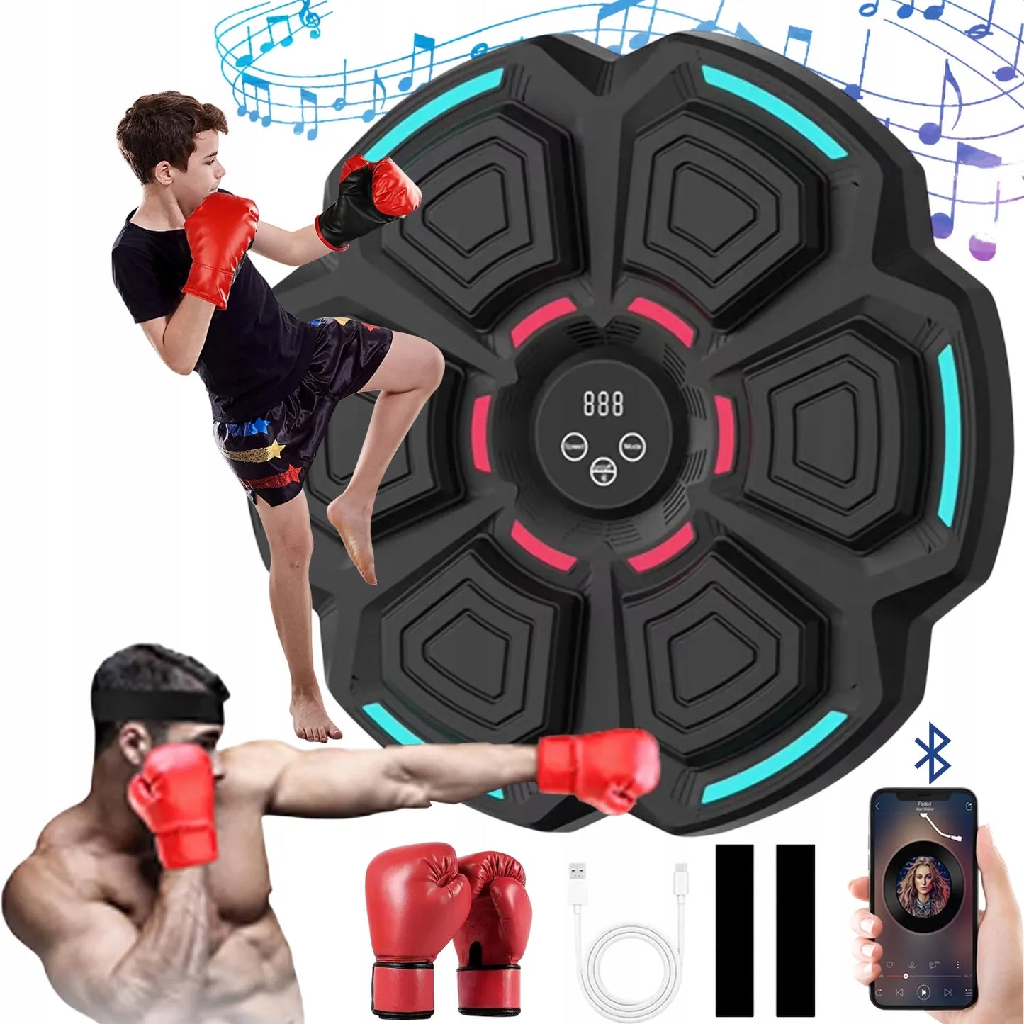 Muzikinis bokso treniruoklis su Bluetooth ir pirštinėmis, 9 greičio lygiai, juodas