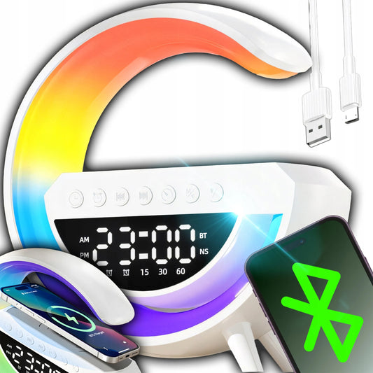 Naktinė LED RGB lemputė su Bluetooth garsiakalbiu, 15 W indukciniu įkrovikliu, laikrodžiu ir žadintuvu RETOO