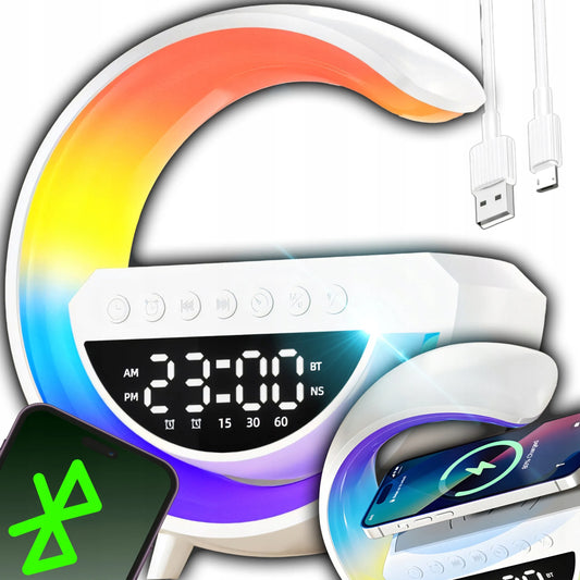 Naktinė LED RGB lemputė su Bluetooth garsiakalbiu, 15 W indukciniu įkrovikliu, laikrodžiu ir žadintuvu RETOO