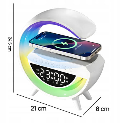 Naktinė LED RGB lemputė su Bluetooth garsiakalbiu, 15 W indukciniu įkrovikliu, laikrodžiu ir žadintuvu RETOO