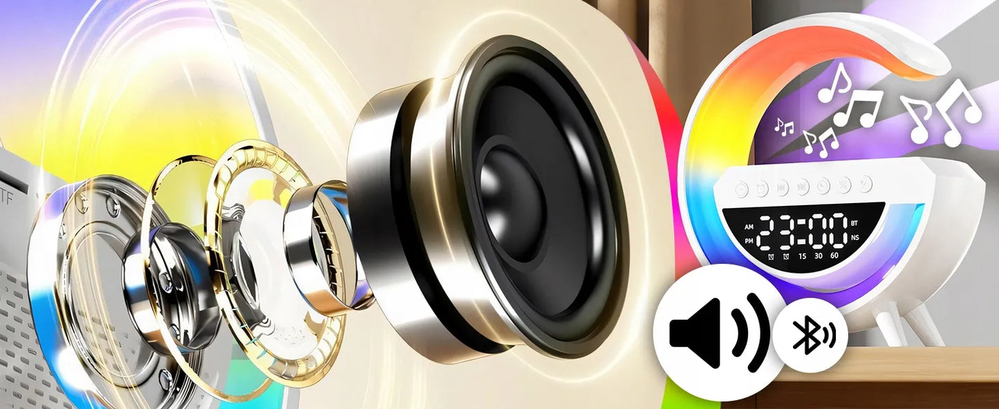 Naktinė LED RGB lemputė su Bluetooth garsiakalbiu, 15 W indukciniu įkrovikliu, laikrodžiu ir žadintuvu RETOO