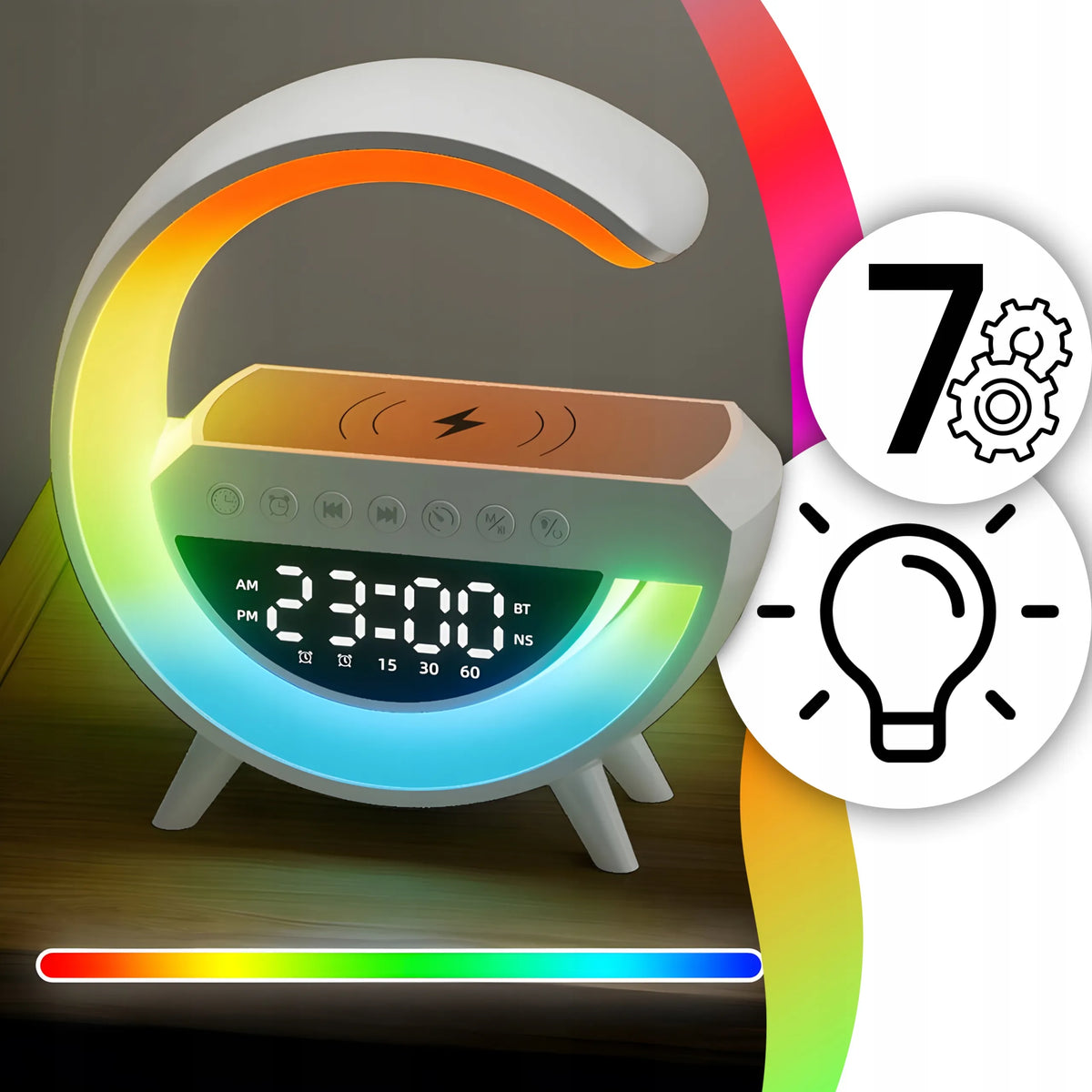 Naktinė LED RGB lemputė su Bluetooth garsiakalbiu, 15 W indukciniu įkrovikliu, laikrodžiu ir žadintuvu RETOO