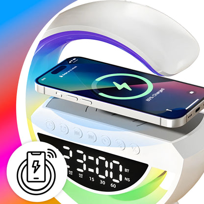 Naktinė LED RGB lemputė su Bluetooth garsiakalbiu, 15 W indukciniu įkrovikliu, laikrodžiu ir žadintuvu RETOO