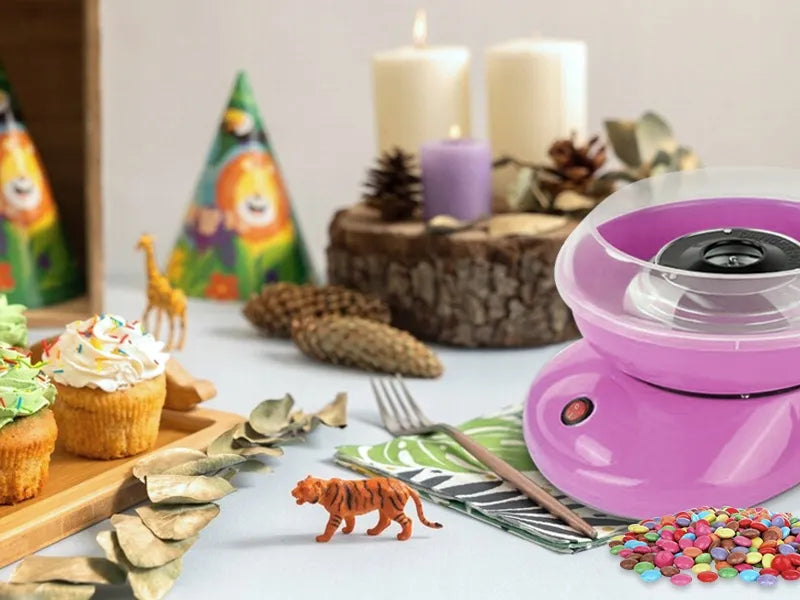 Namų cukraus vatos gaminimo mašinėlė – 450 W, rožinė, su cukrumi ir pagaliukais