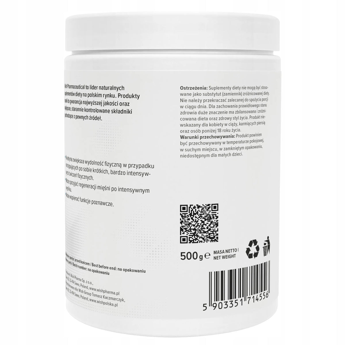 Natūralus kreatino monohidratas „Wish Pharmaceutical“, 500 g – 100 porcijų