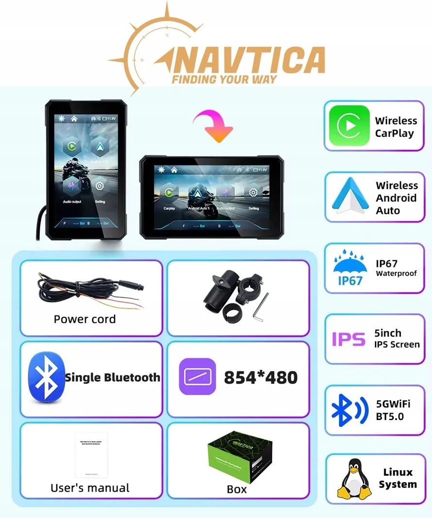 NAVTICA Saturn 5 colių išmanusis motociklo ekranas su belaidžiu „CarPlay“ ir „Android Auto“