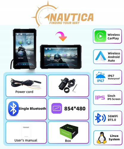 NAVTICA Saturn 5 colių išmanusis motociklo ekranas su belaidžiu „CarPlay“ ir „Android Auto“