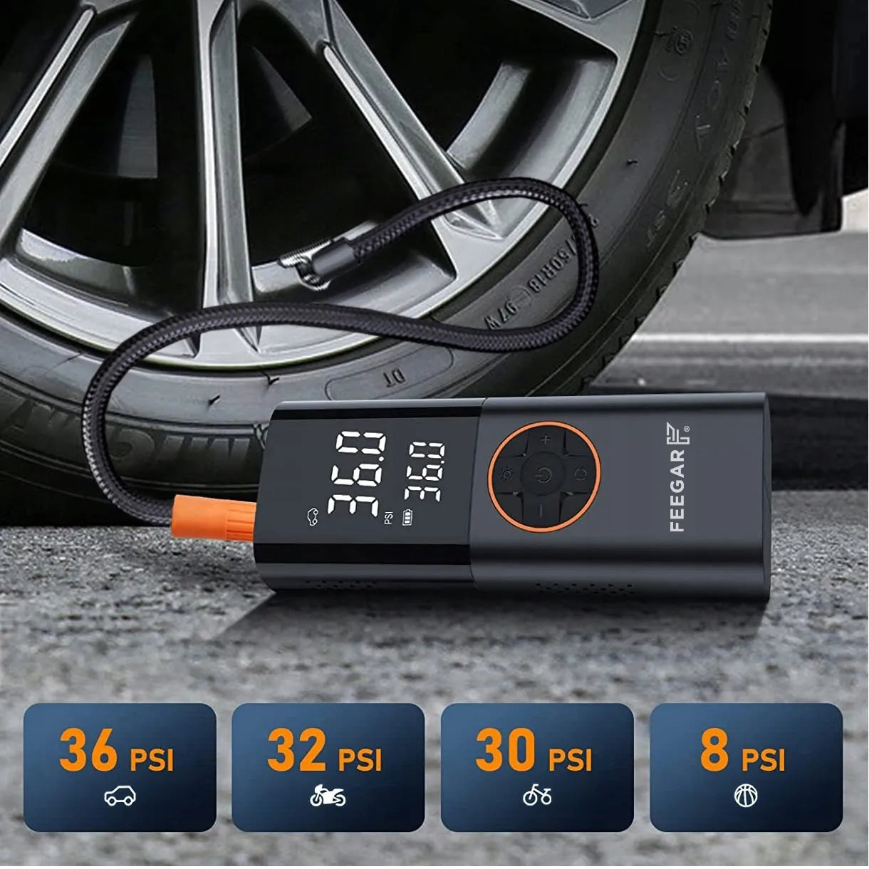Nešiojama elektrinė padangų pompa Feegar, 12V automobilinis kompresorius su LED