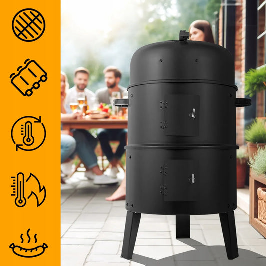 Nešiojamas anglinis sodo grilis rūkykla su termometru 3-viename