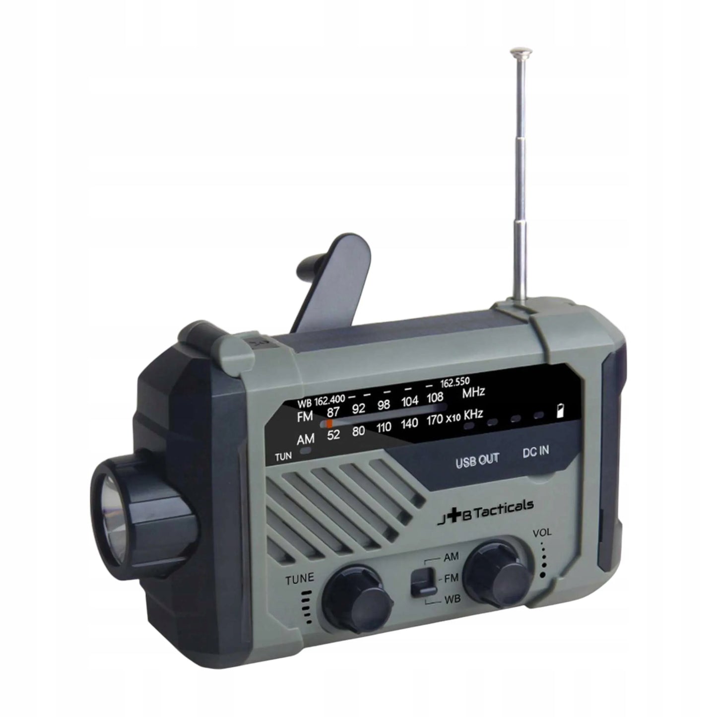 Nešiojamas avarinis FM/AM radijas, saulės energija kraunamas, su rankena, maitinimo banku, žibintuvėliu ir dinama