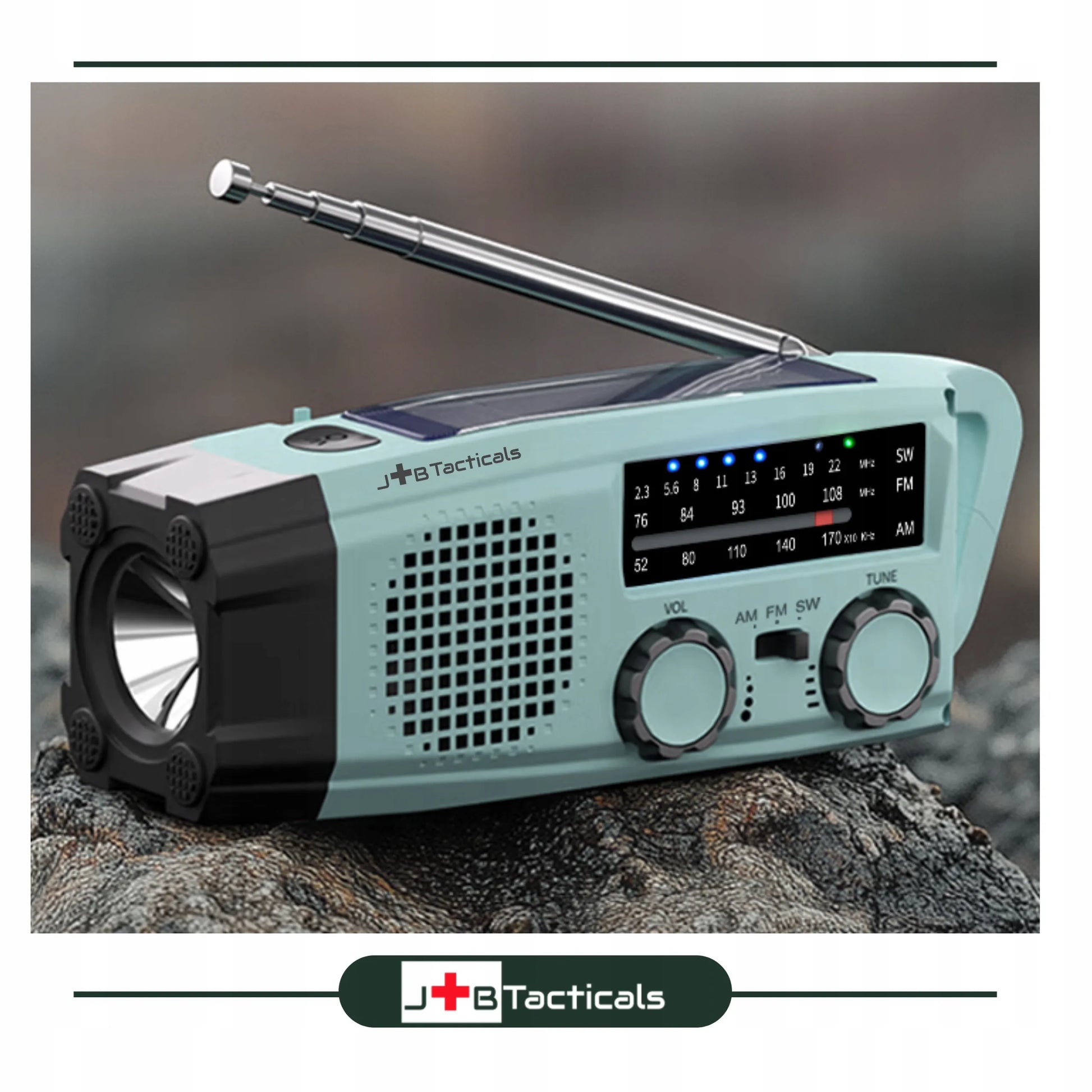 Nešiojamas avarinis FM/AM radijas su saulės baterija, rankenėle, išoriniu akumuliatoriumi ir LED žibintuvėliu
