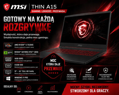 Nešiojamas kompiuteris MSI Thin A15 Ryzen 5-7535HS 16GB 512GB SSD M.2 Win11 RTX3050 144Hz