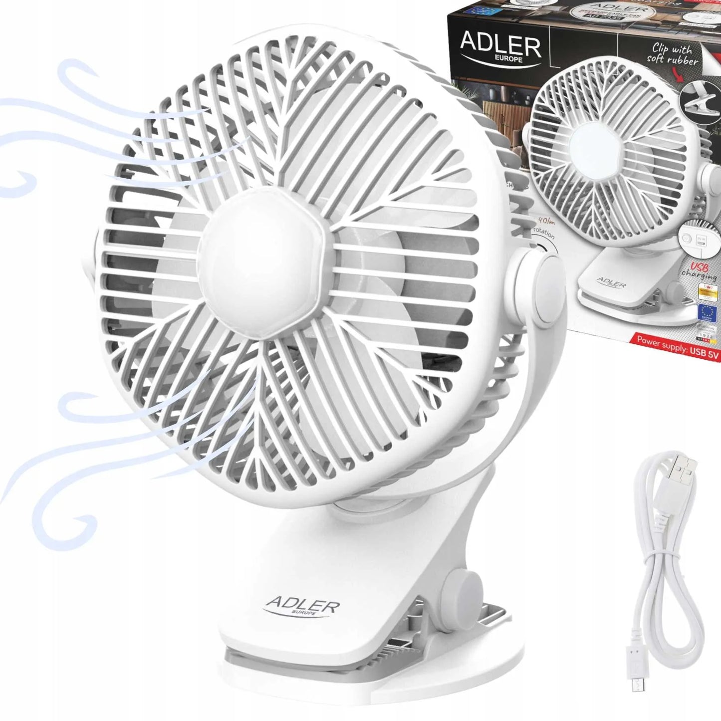 Nešiojamas mini stalinis ventiliatorius Adler su LED lempute ir spaustuku