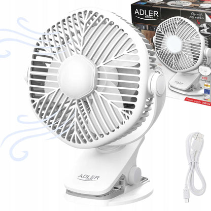 Nešiojamas mini stalinis ventiliatorius Adler su LED lempute ir spaustuku