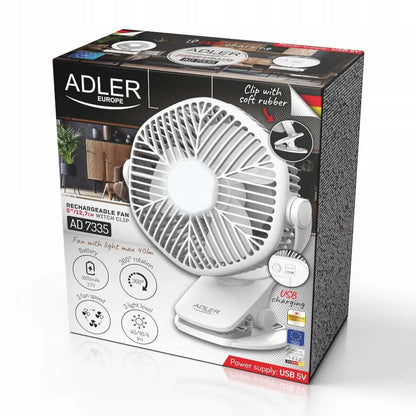 Nešiojamas mini stalinis ventiliatorius Adler su LED lempute ir spaustuku