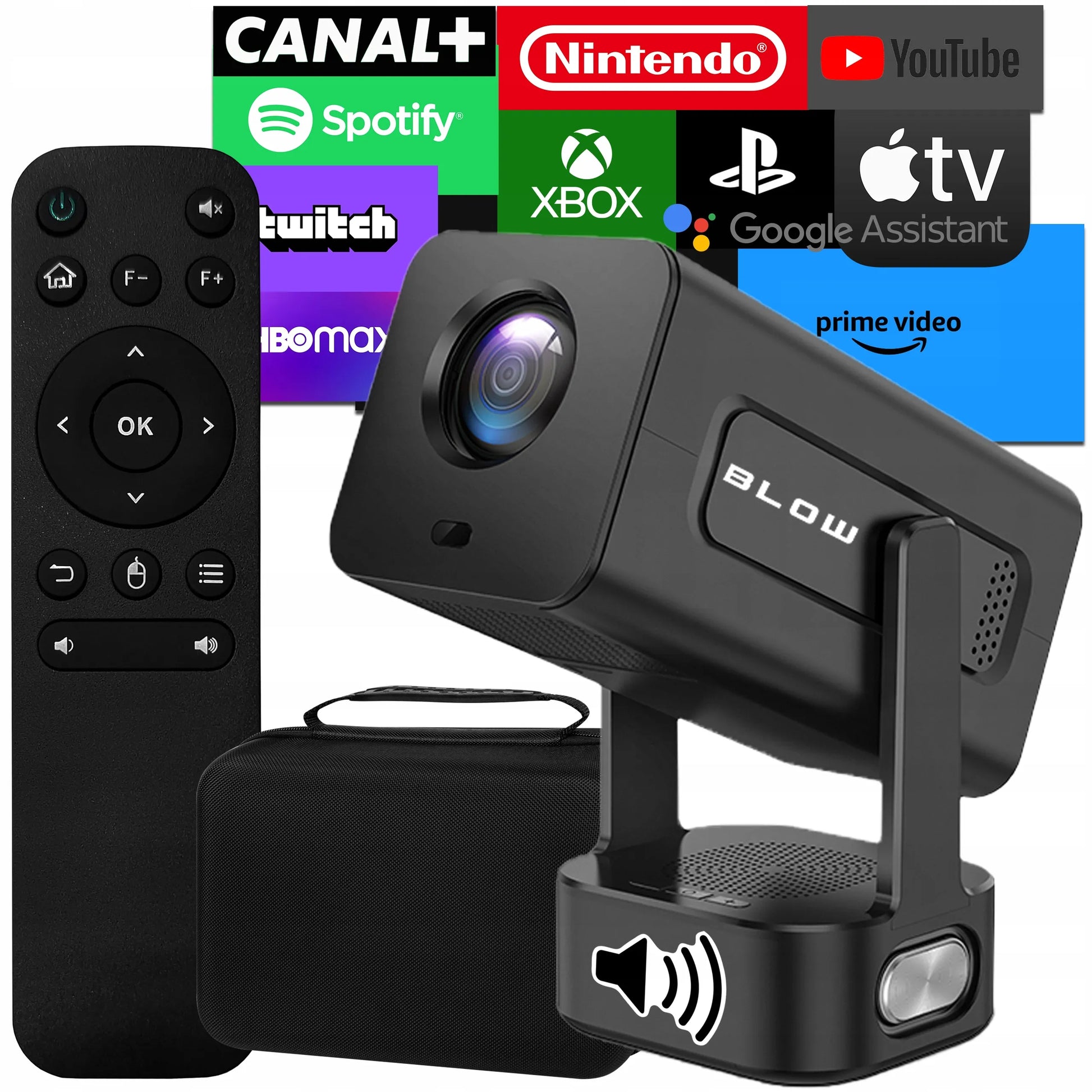 Nešiojamas projektorius „Android Smart TV“ „Wi-Fi“ „Full HD“ + dėklas ir garsiakalbis