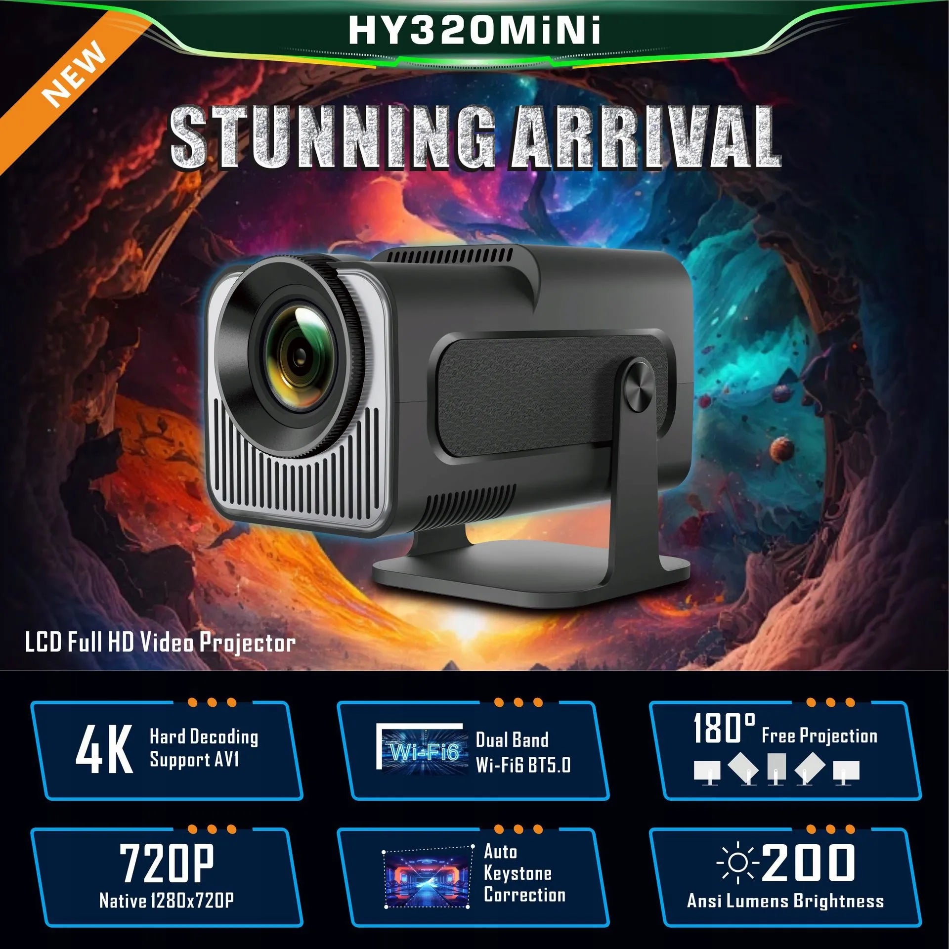 Nešiojamas projektorius HY320 MINI SMART HD LED ANDROID WiFi TV 150"