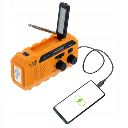 Nešiojamas radijas su alkūne, saulės energija, dynamo, žibintuvėliu ir powerbank funkcija