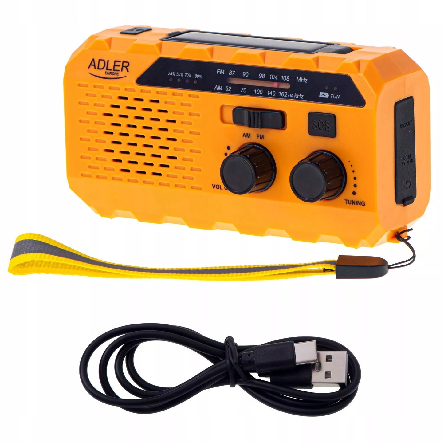 Nešiojamas radijas su alkūne, saulės energija, dynamo, žibintuvėliu ir powerbank funkcija