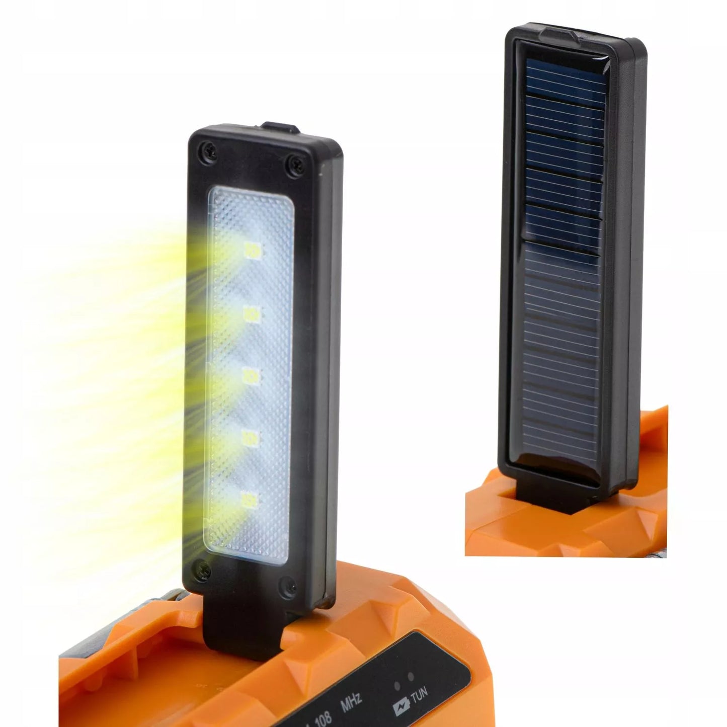 Nešiojamas radijas su alkūne, saulės energija, dynamo, žibintuvėliu ir powerbank funkcija