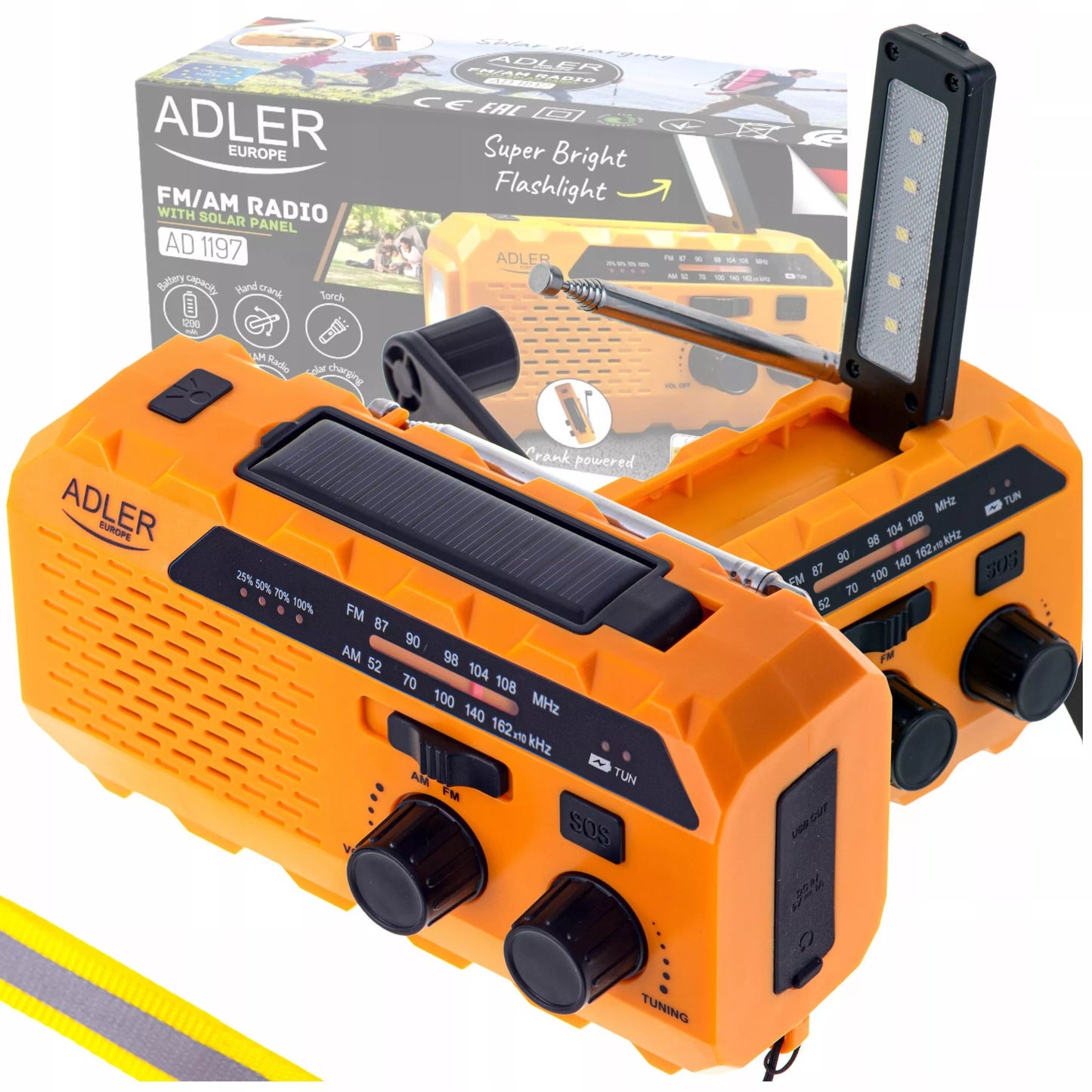 Nešiojamas radijas su alkūne, saulės energija, dynamo, žibintuvėliu ir powerbank funkcija
