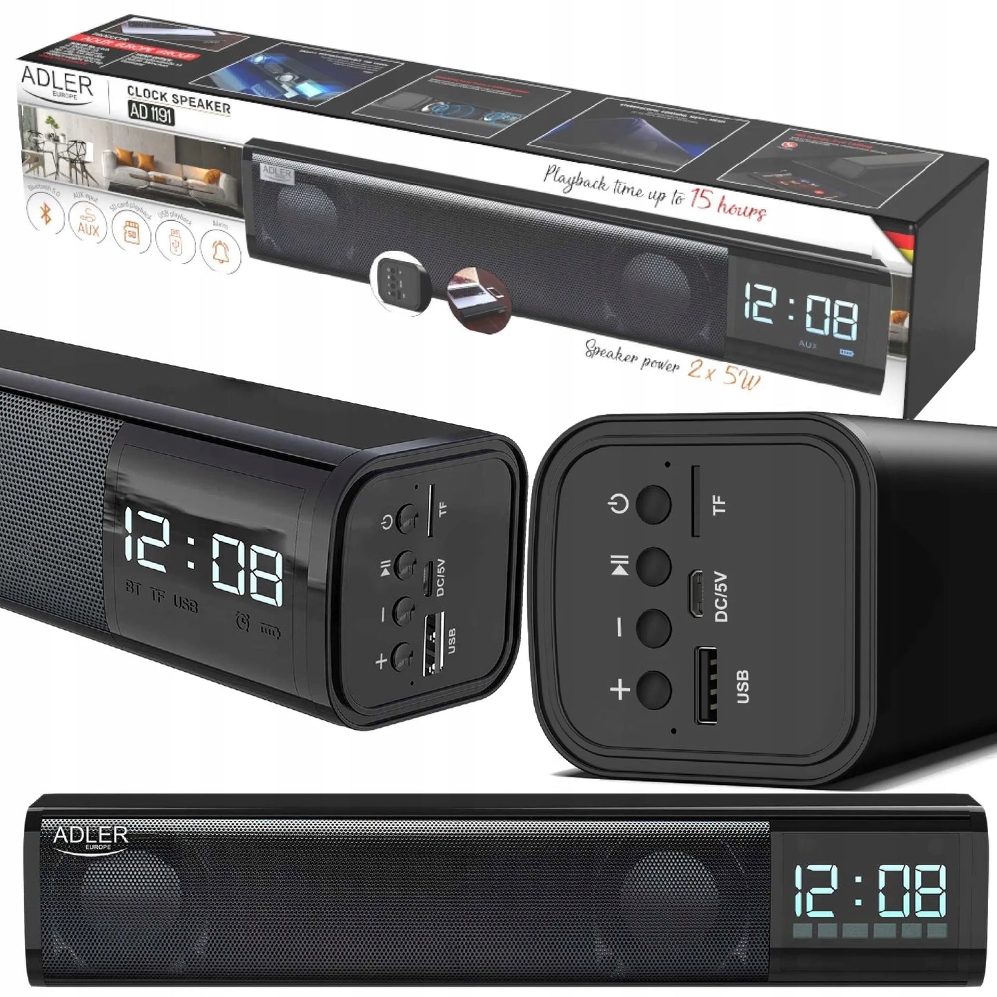 Nešiojamas „Soundbar“ garsiakalbis su žadintuvu „Bluetooth 5.0 Adler“